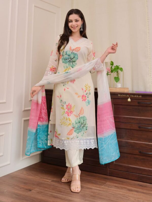Ivory pastel floral cotton kurta set with lace detailing and printed dupatta