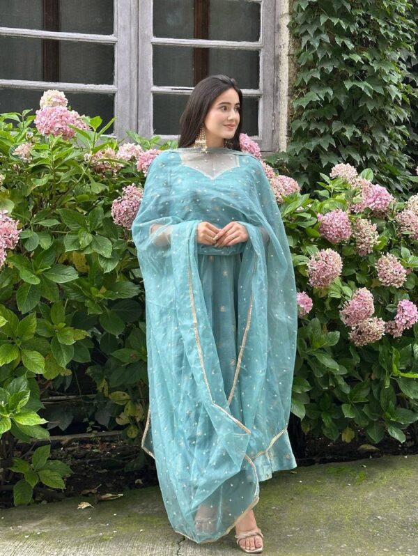 Celestial Blue Chiffon Kurta Set featuring delicate embroidery, a flowing dupatta, and soft, lightweight fabric, perfect for casual and festive occasions.