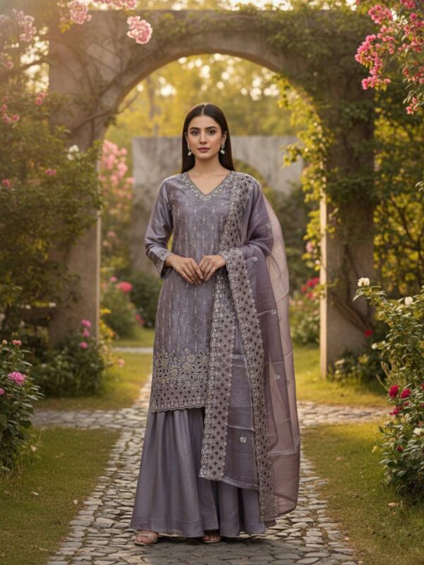"Mid grey embroidered sharara suit with intricate threadwork, featuring a matching dupatta and comfortable sharara pants, perfect for weddings and festive occasions."