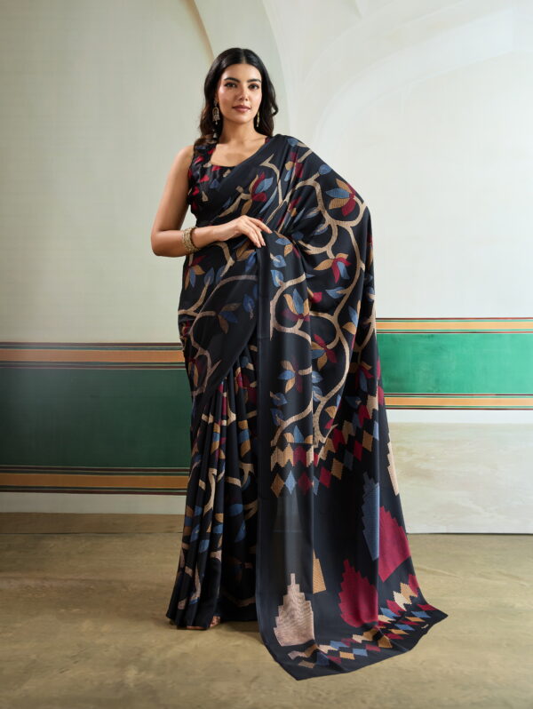 Elegant model wearing the Midnight Noir Geometric Art Silk Saree