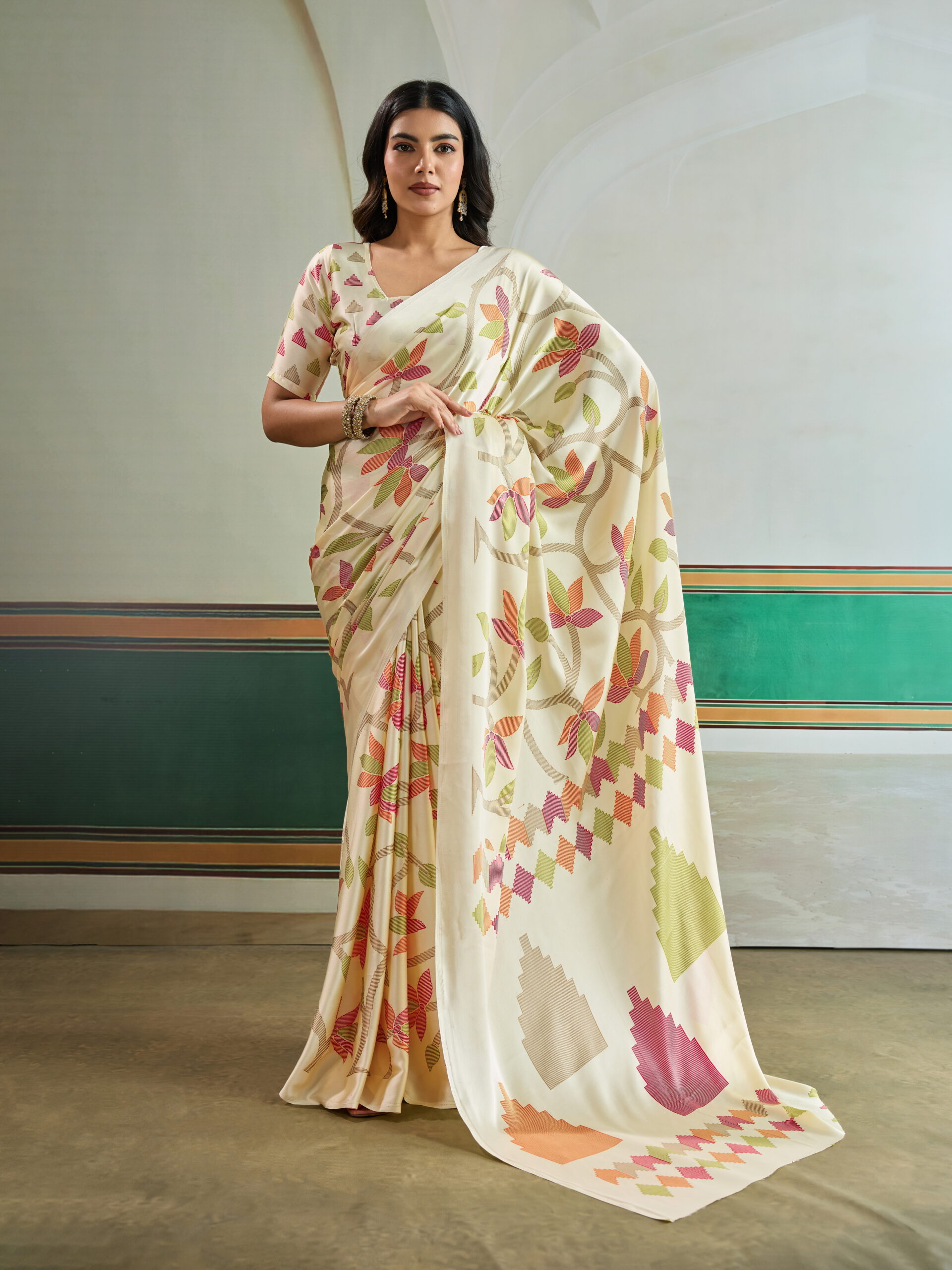 Elegant model wearing the Ivory Bloom Art Silk Saree