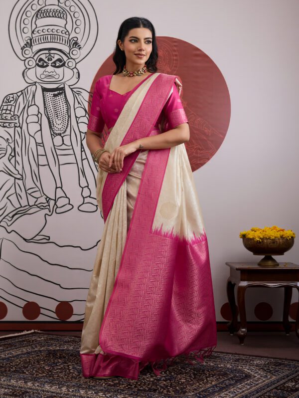 Modern Muse ivory pink woven saree with elegant pink border and graceful drape