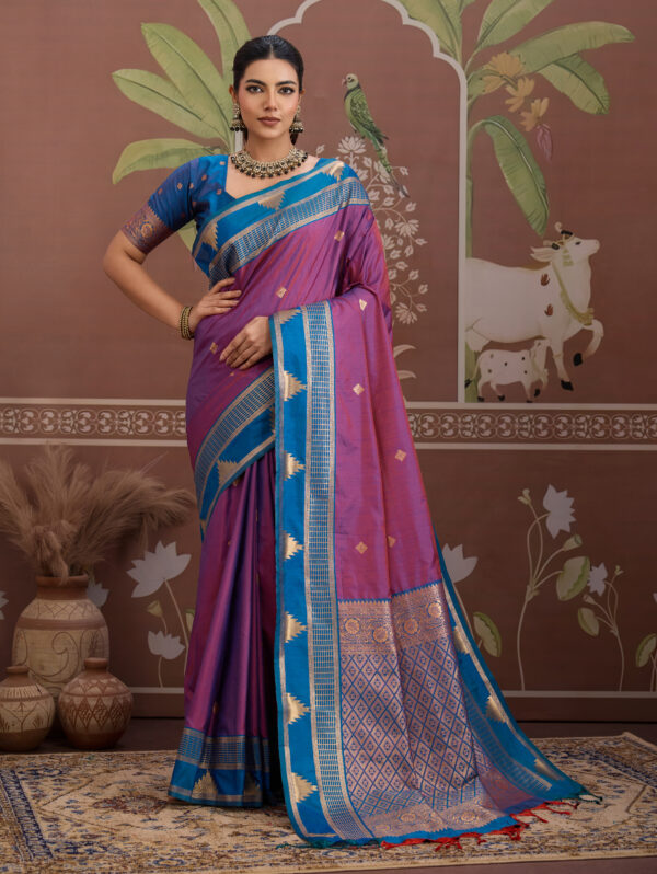 Magenta zari banarasi silk saree with cyan blue contrast border