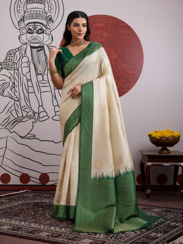 Modern Muse Ivory Green Designer Saree, perfect for wedding guests and party wear.