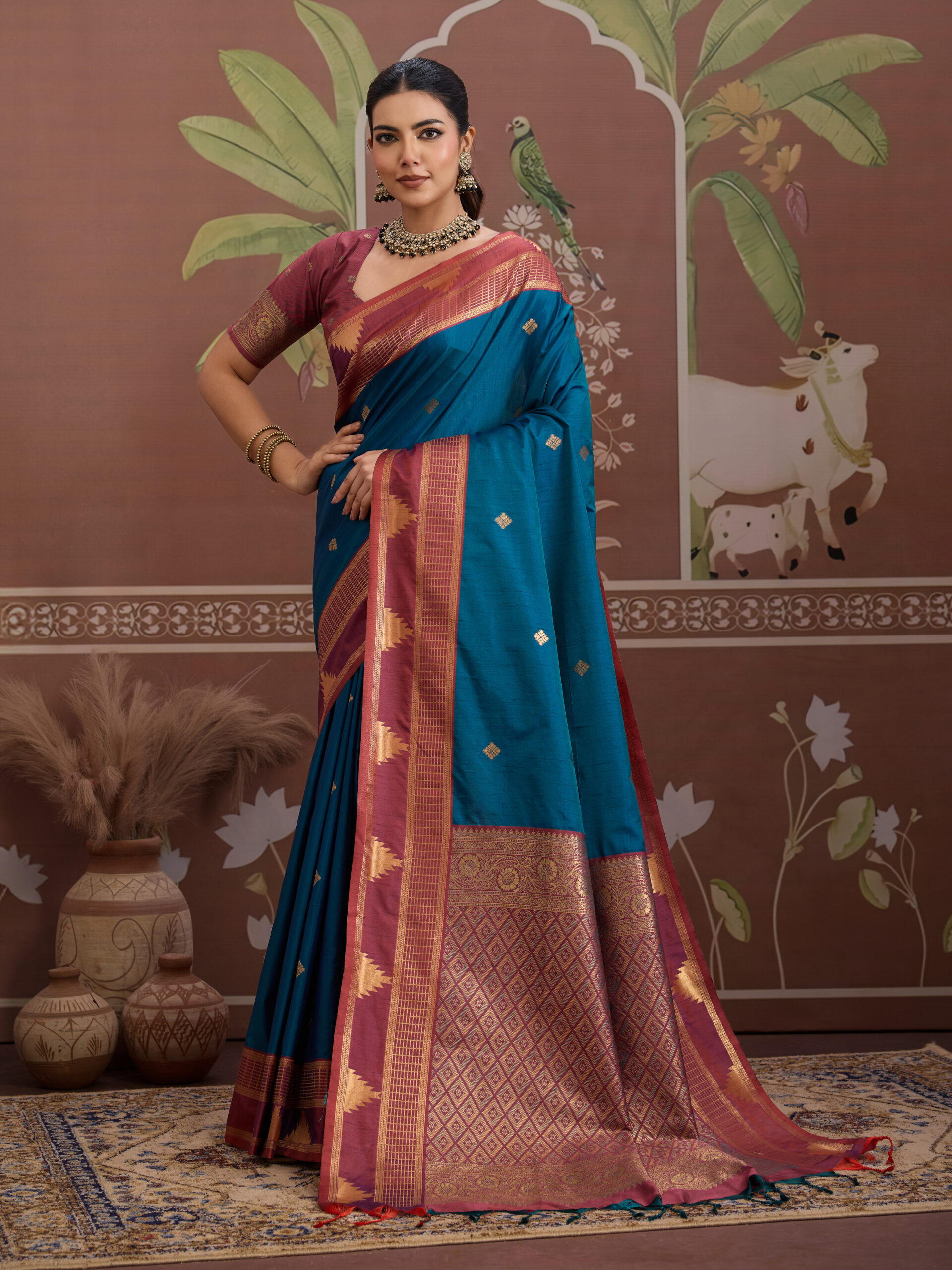 Designer royal blue teal zari silk saree with maroon border