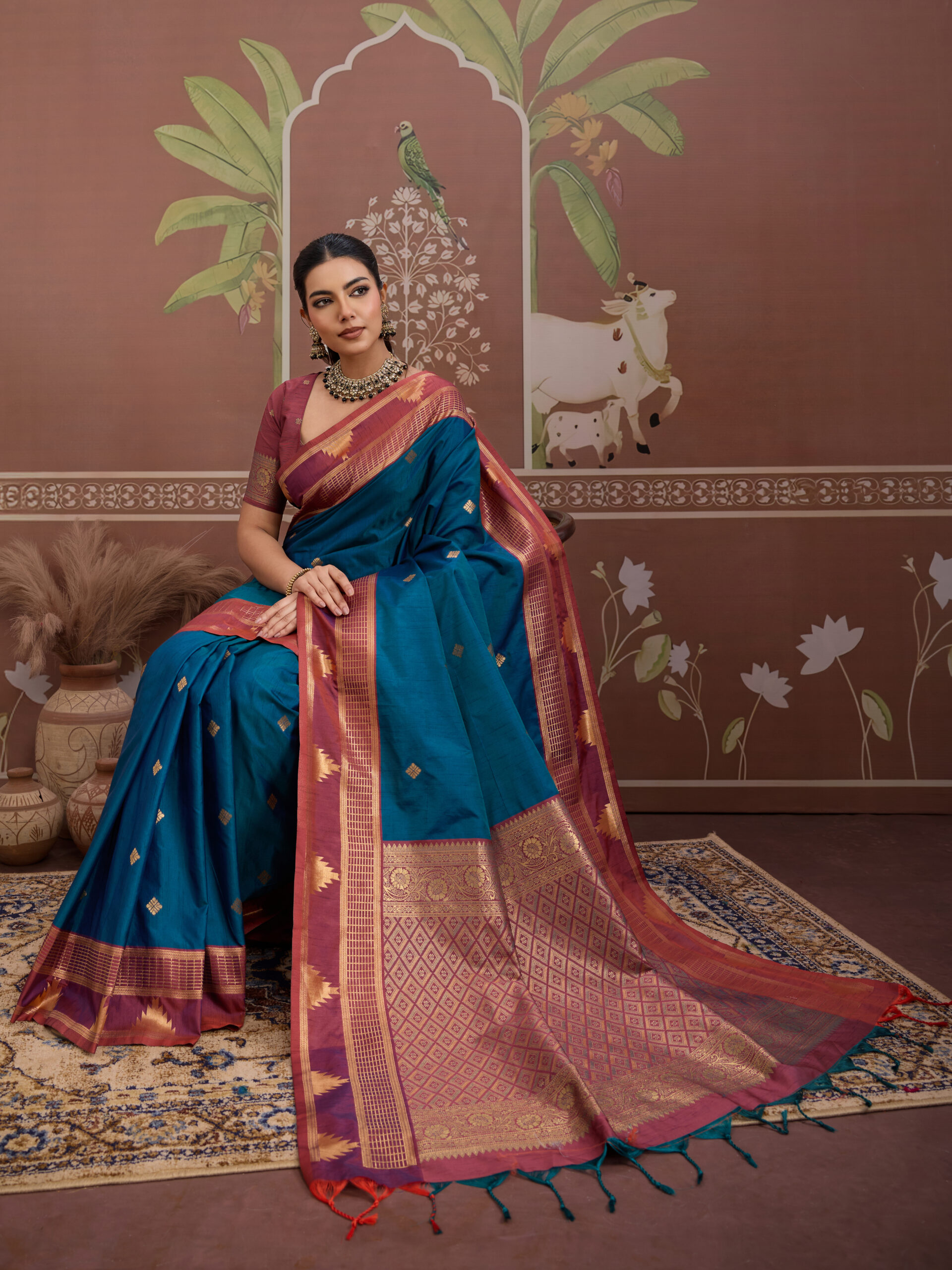 Teal Blue and Maroon Zari Silk Saree - Image 2