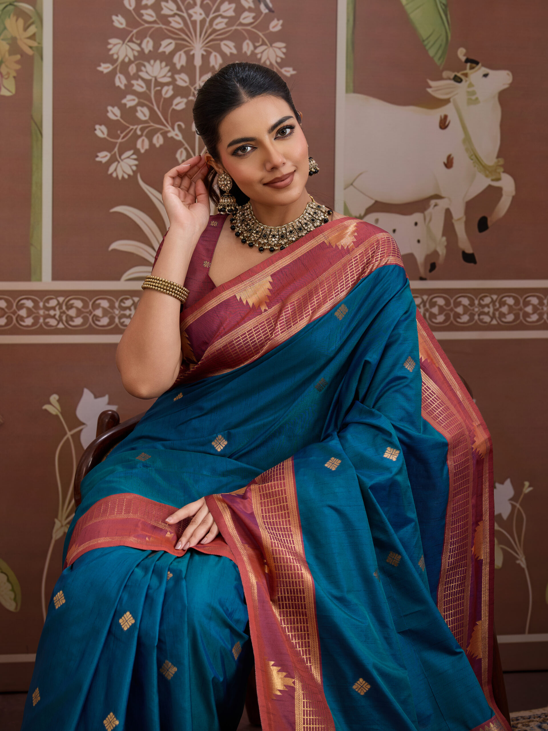 Teal Blue and Maroon Zari Silk Saree - Image 3
