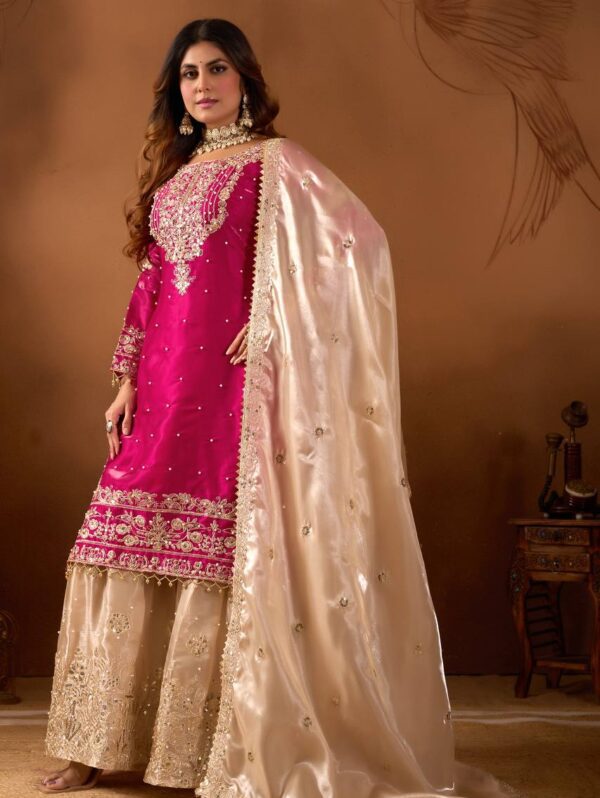 Rani pink silk embroidered kurta set with dupatta for women