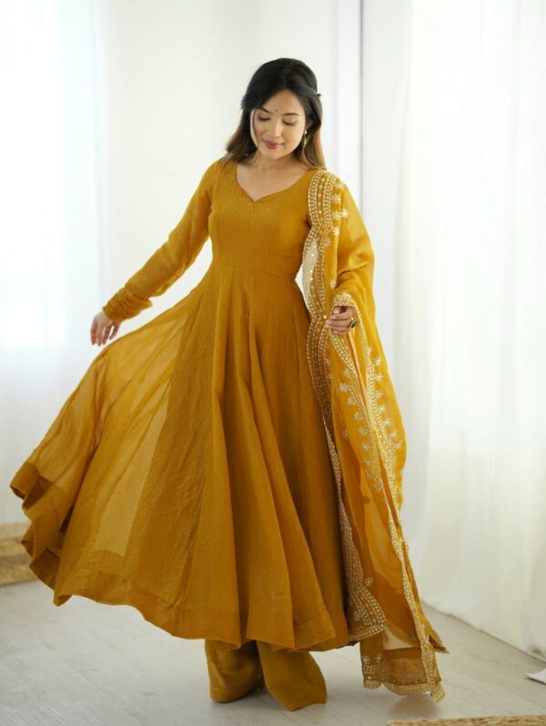 Golden mustard Anarkali kurta set for weddings and festive occasions