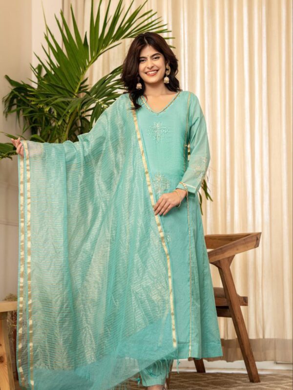 Cyan Glimmer Anarkali Set for women in elegant festive ethnic wear