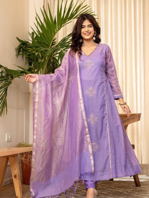 Lavender embroidered Anarkali suit set with a gold-accented dupatta and matching pants."